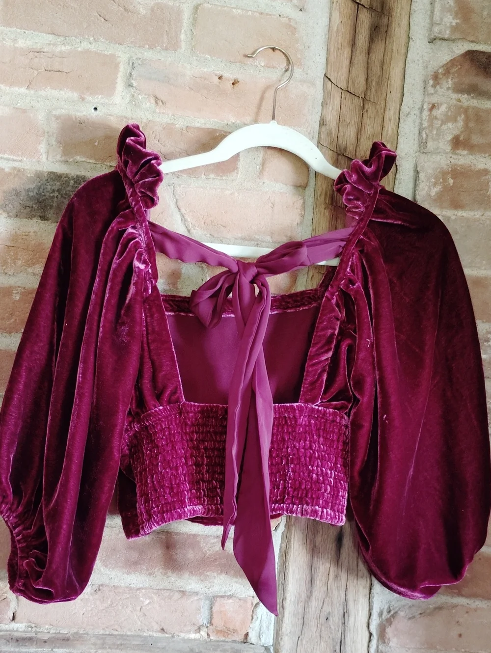 Free People Velvet Puff Sleeve Square Neck Top Tie Back Sz XS
